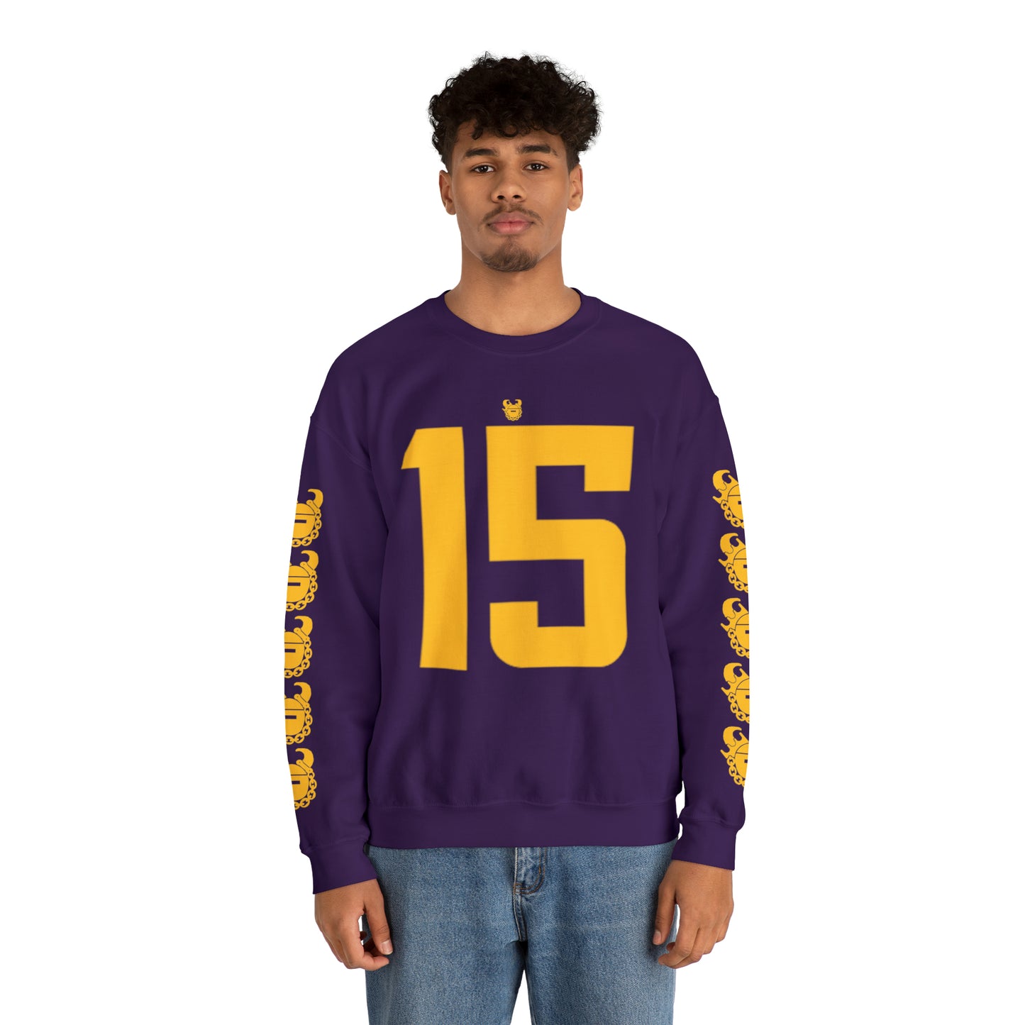 Unisex Heavy Blend™ Crewneck - Jersey #15 + Game Day Helmet (Sleeves)