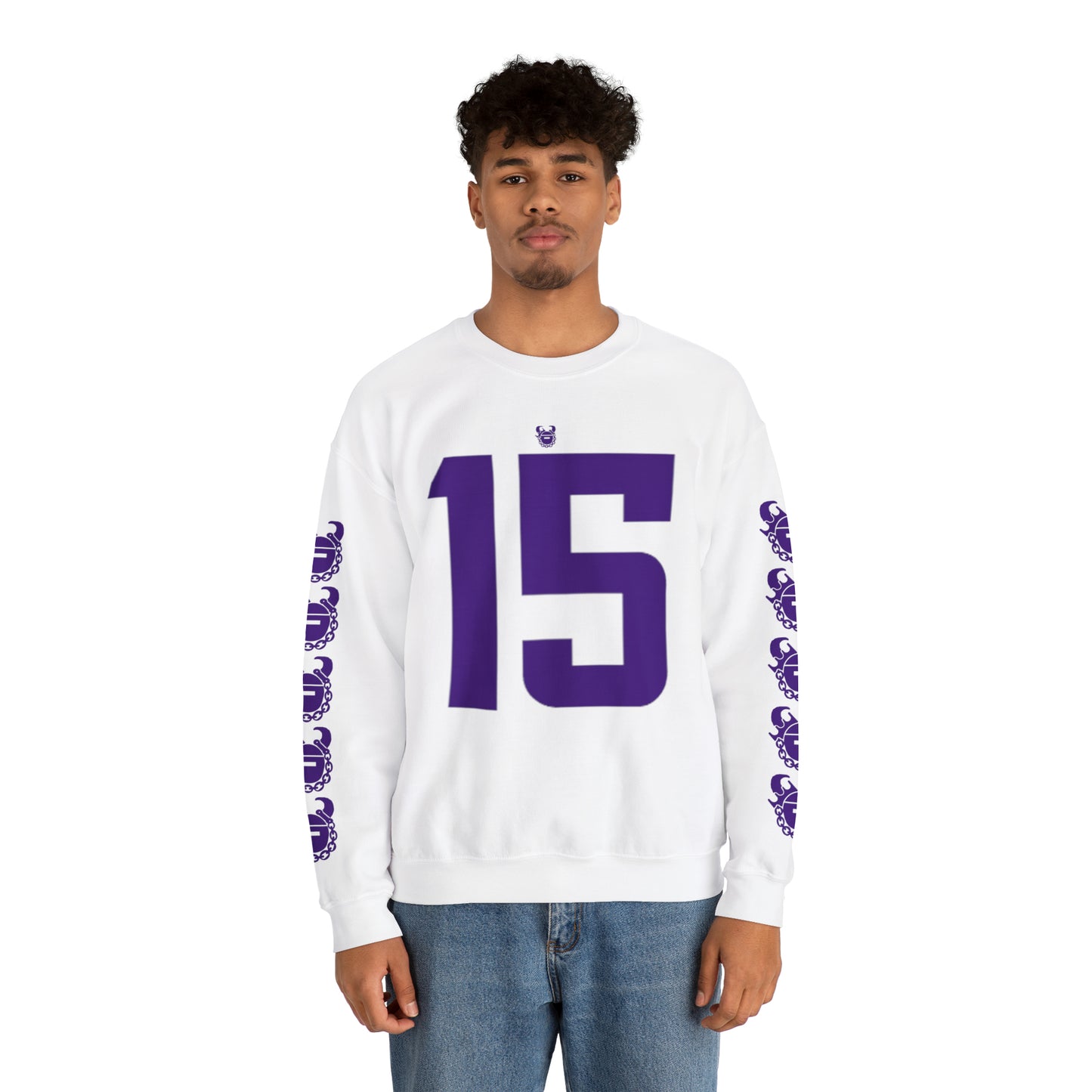 Unisex Heavy Blend™ Crewneck - Jersey #15 + Game Day Helmet (Sleeves)