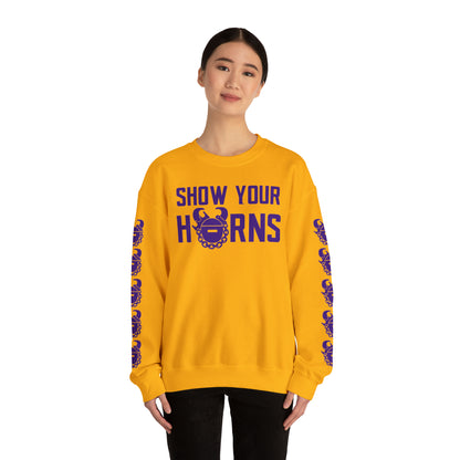 Unisex Heavy Blend™ Crewneck - Show Your Horns + Game Day Helmet (Sleeves)