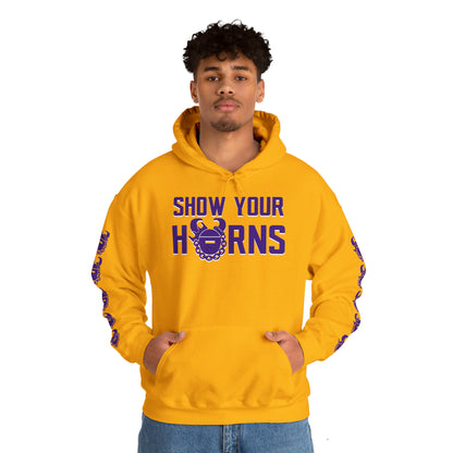 Unisex Heavy Blend™ Hooded Sweatshirt - Show Your Horns + Game Day Helmet (Sleeves)