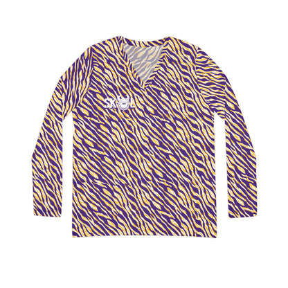 Women's Long Sleeve V-neck Shirt - Purple/Gold Zebra Print