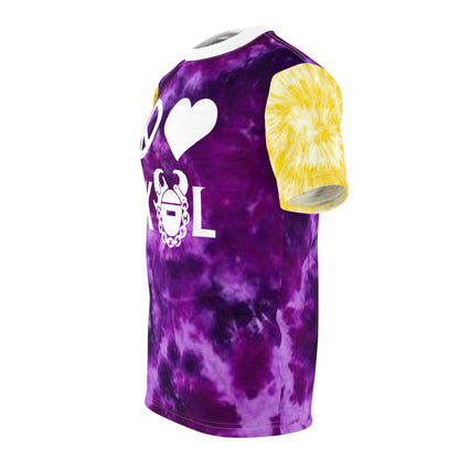 Unisex Cut & Sew Tee - Purple/Gold Tie-Dye - Peace & Love