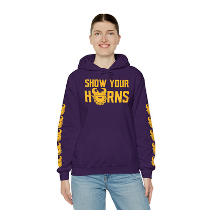 Unisex Heavy Blend™ Hooded Sweatshirt - Show Your Horns + Game Day Helmet (Sleeves)