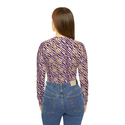 Women's Long Sleeve V-neck Shirt - Purple/Gold Zebra Print