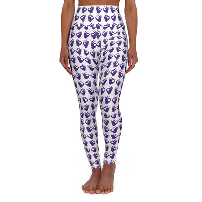 High Waisted Yoga Leggings - White/Purple Griddy