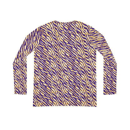 Women's Long Sleeve V-neck Shirt - Purple/Gold Zebra Print
