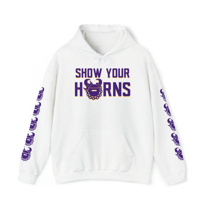 Unisex Heavy Blend™ Hooded Sweatshirt - Show Your Horns + Game Day Helmet (Sleeves)