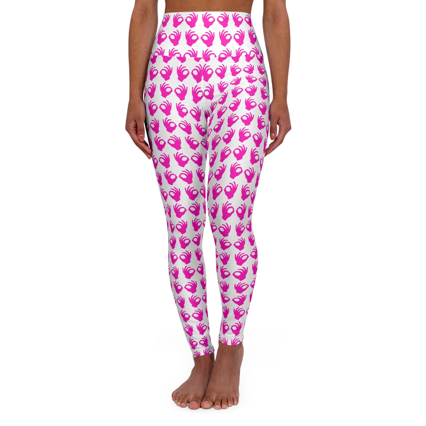 High Waisted Yoga Leggings - White/Pink Griddy