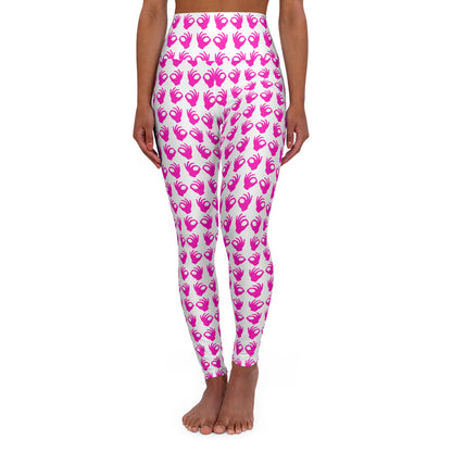 High Waisted Yoga Leggings - White/Pink Griddy