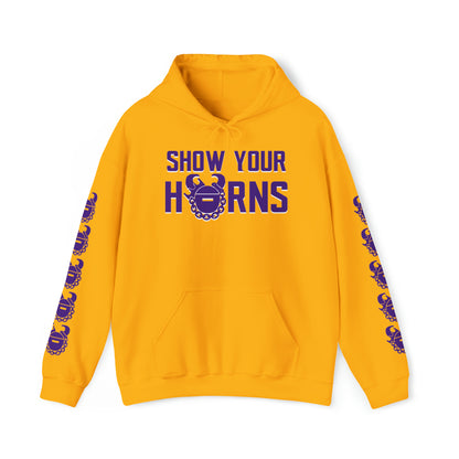 Unisex Heavy Blend™ Hooded Sweatshirt - Show Your Horns + Game Day Helmet (Sleeves)