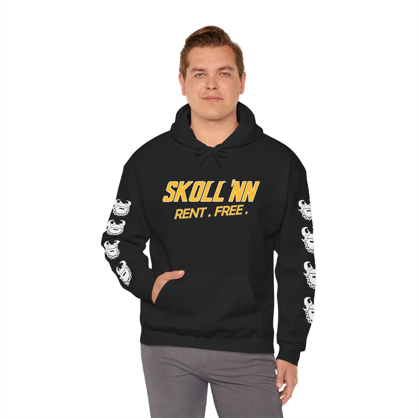 Unisex Heavy Blend™ Hooded Sweatshirt - SKOLL'NN - Rent Free + Game Day Helmet (Sleeves)