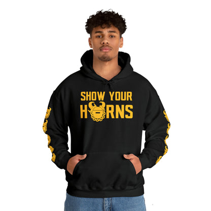 Unisex Heavy Blend™ Hooded Sweatshirt - Show Your Horns + Game Day Helmet (Sleeves)