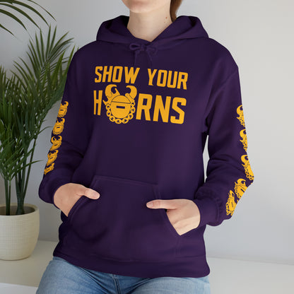Unisex Heavy Blend™ Hooded Sweatshirt - Show Your Horns + Game Day Helmet (Sleeves)