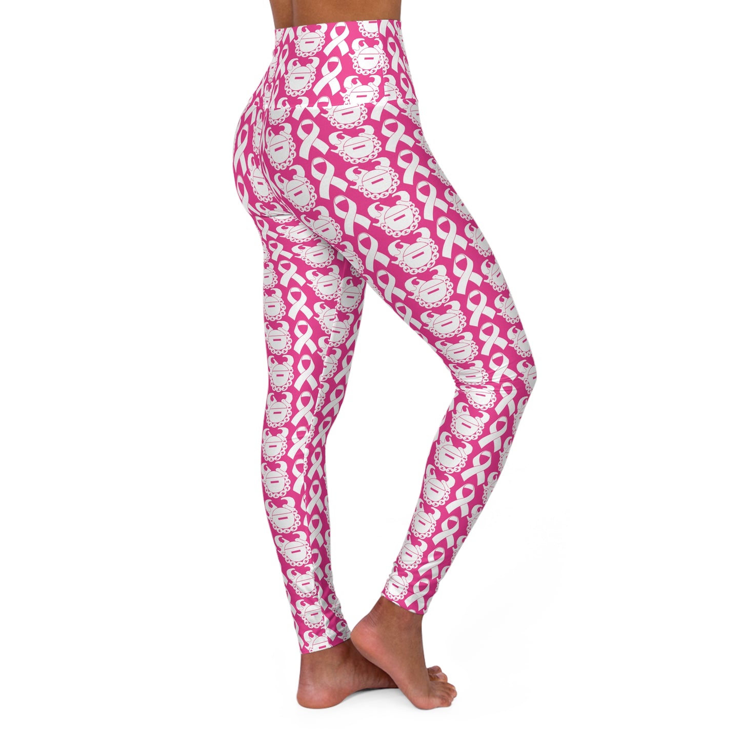 High Waisted Yoga Leggings - White Ribbon/Helmet