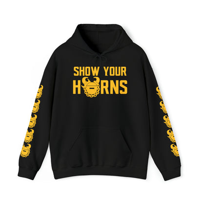 Unisex Heavy Blend™ Hooded Sweatshirt - Show Your Horns + Game Day Helmet (Sleeves)