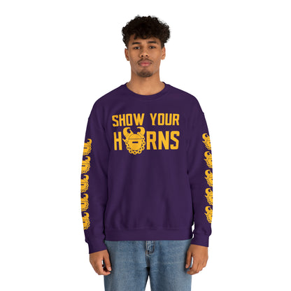 Unisex Heavy Blend™ Crewneck - Show Your Horns + Game Day Helmet (Sleeves)