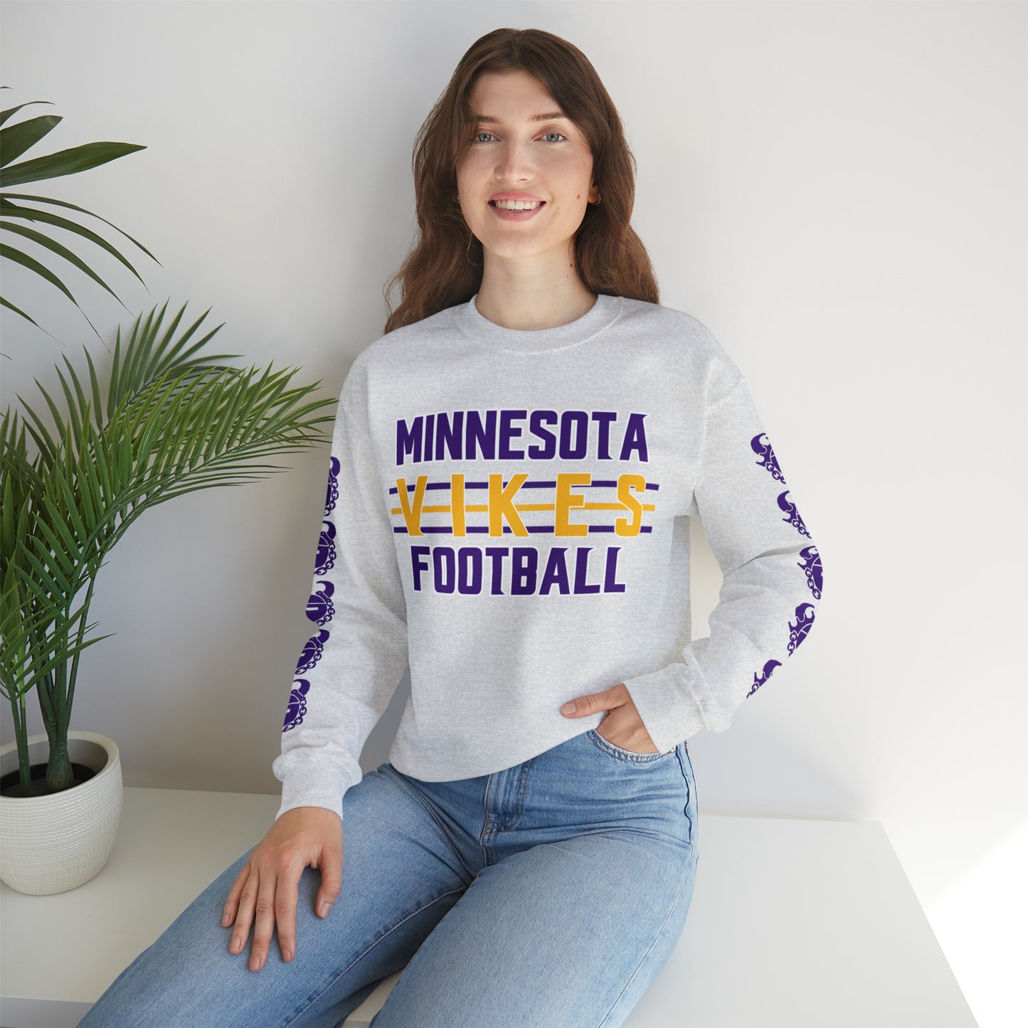 Unisex Heavy Blend™ Crewneck - Vikes Football + Game Day Helmet (Sleeves)