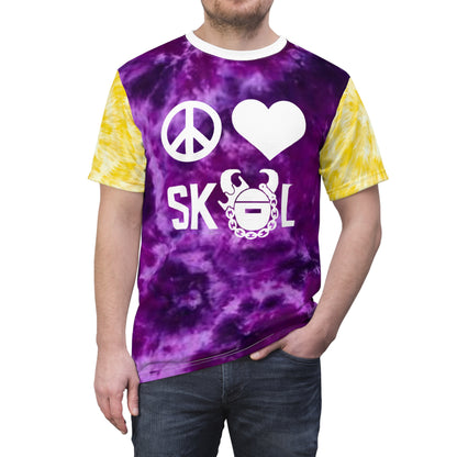Unisex Cut & Sew Tee - Purple/Gold Tie-Dye - Peace & Love