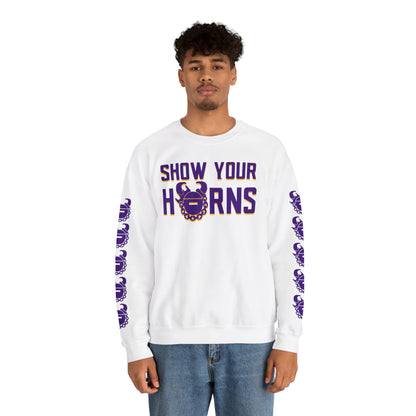 Unisex Heavy Blend™ Crewneck - Show Your Horns + Game Day Helmet (Sleeves)