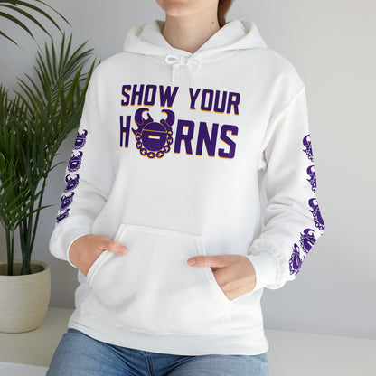Unisex Heavy Blend™ Hooded Sweatshirt - Show Your Horns + Game Day Helmet (Sleeves)