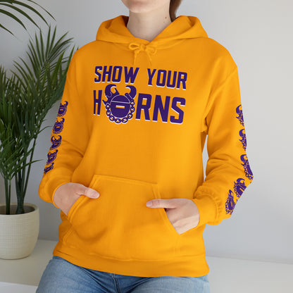 Unisex Heavy Blend™ Hooded Sweatshirt - Show Your Horns + Game Day Helmet (Sleeves)