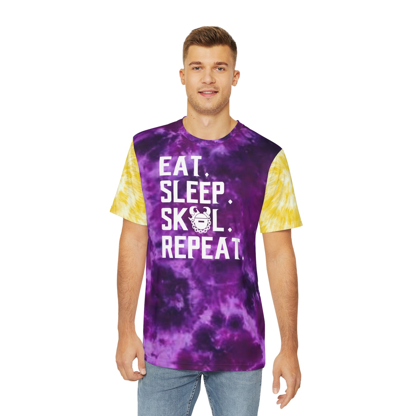 Men's Polyester Tee - Purple/Gold Tie-Dye - Eat. Sleep. Repeat.