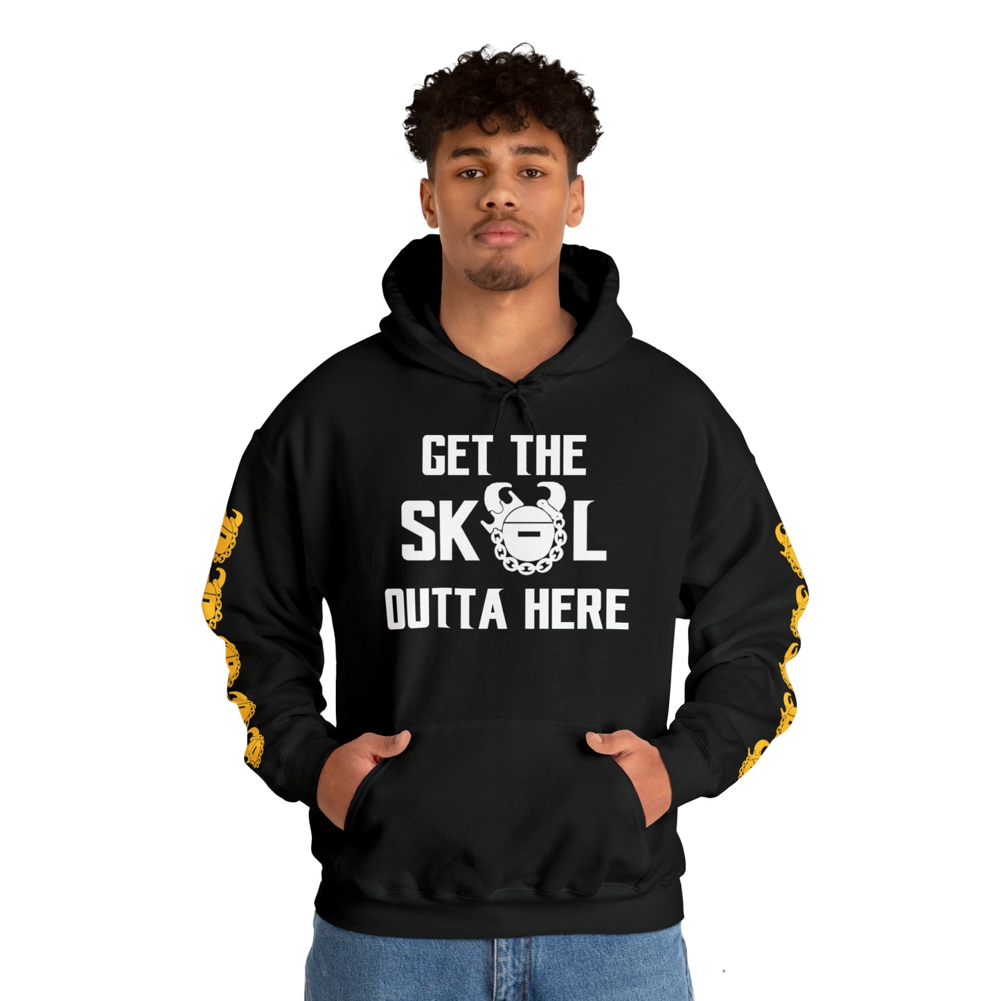 Unisex Heavy Blend™ Hooded Sweatshirt - Get OUTTA Here + Game Day Helmet (Sleeves)