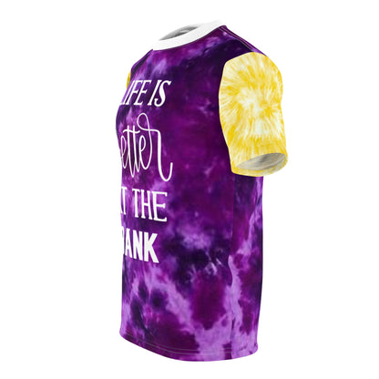 Unisex Cut & Sew Tee - Purple/Gold Tie-Dye - Life is Better at the BANK